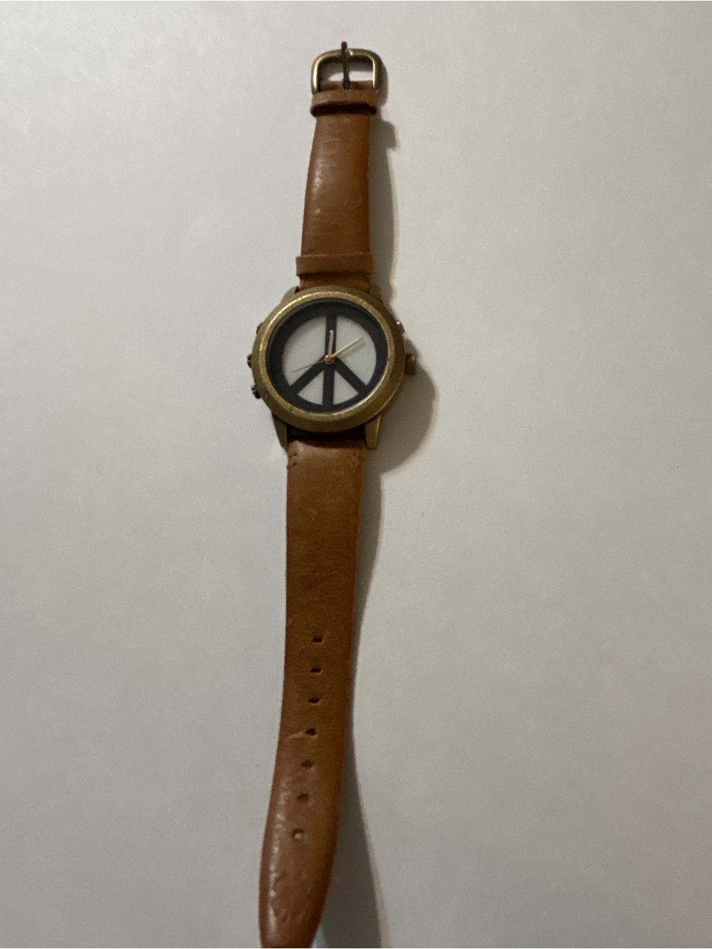 Vtg Lucky Brand Peace Sign Watch Brown Leather Bronze Boho As Is